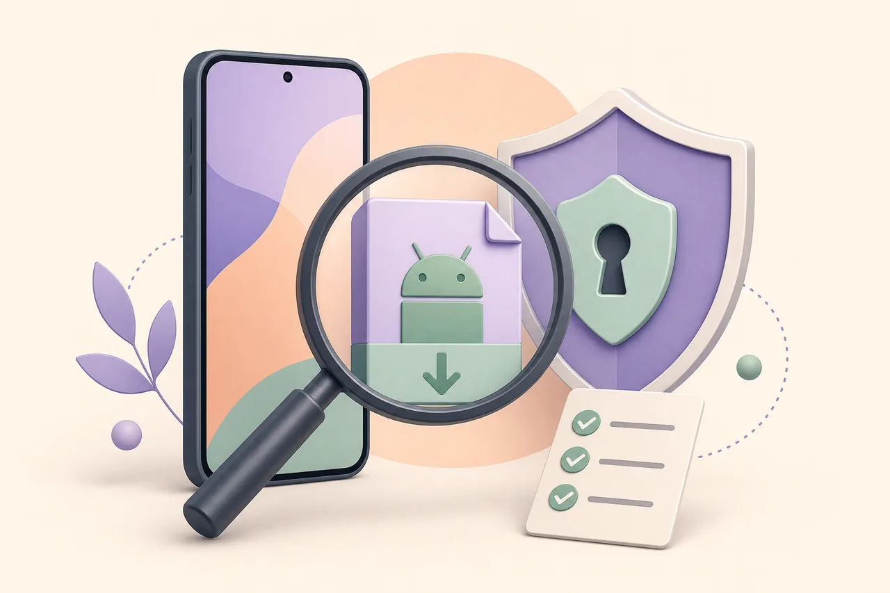 Editorial illustration of checking an Android download source and privacy risk