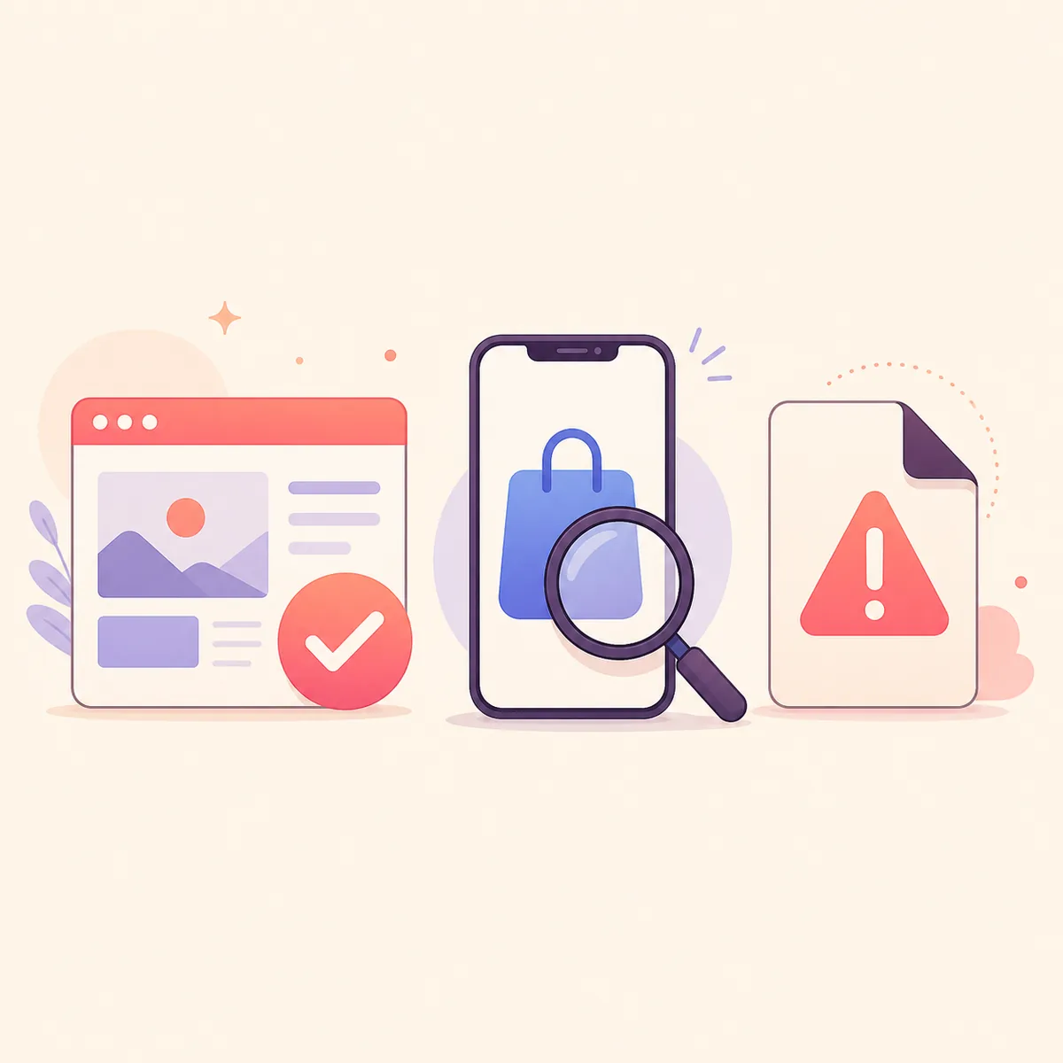 Conceptual source verification illustration with an official website, app store search and suspicious file