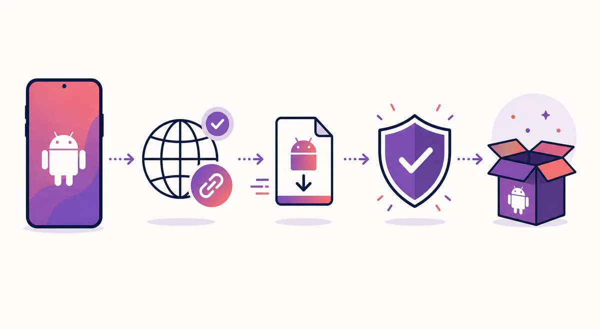 Editorial flow showing official source, APK download, verification and installation
