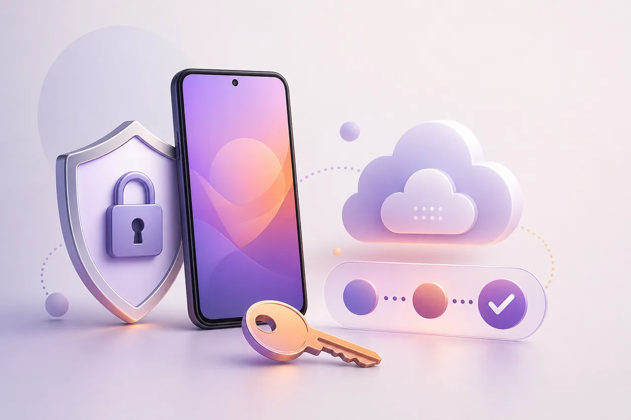 Editorial illustration of a protected Android account with recovery and two-factor security