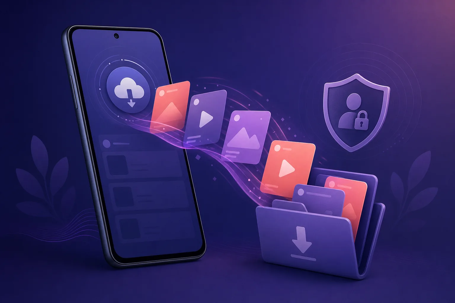Editorial illustration of Android media cards moving into a local download folder