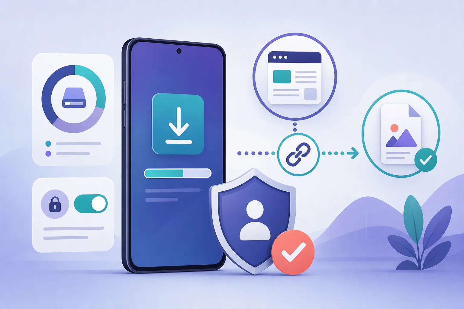 Editorial illustration of storage, permissions, source verification and privacy checks for a media download