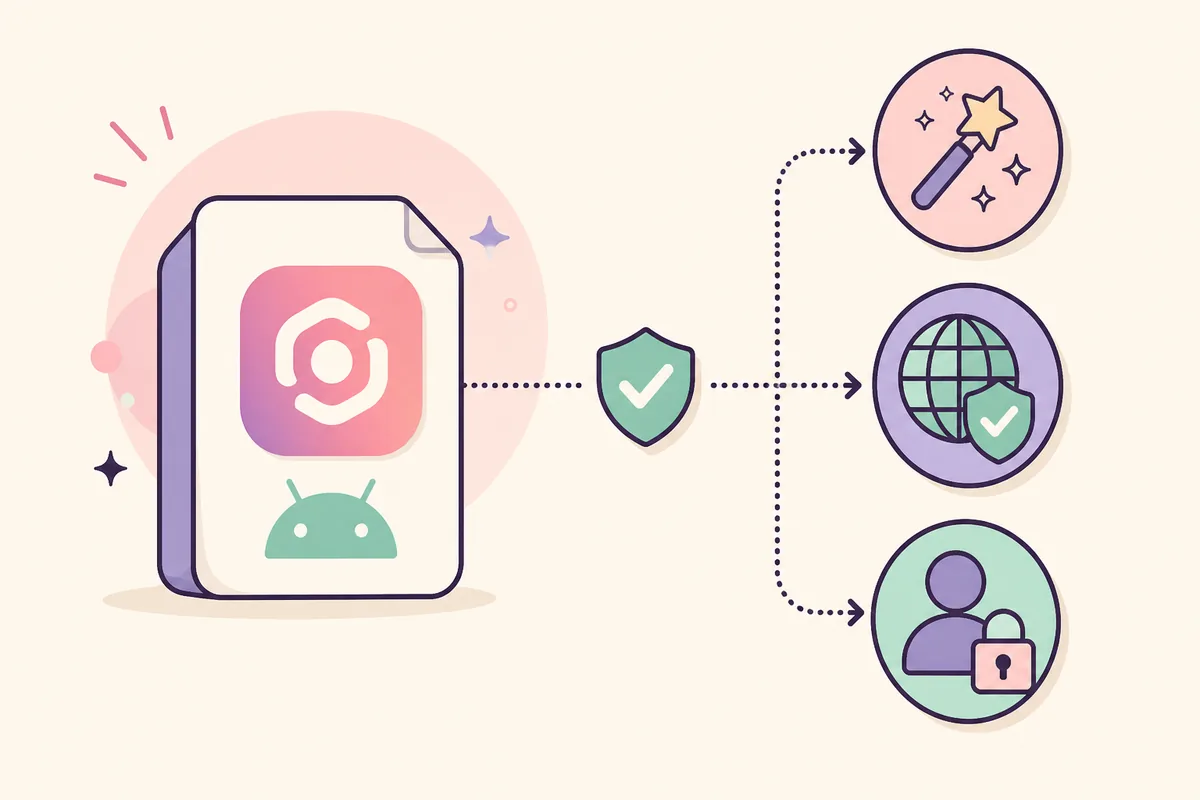 Editorial illustration of an Android package connected to feature, source and account-risk checks
