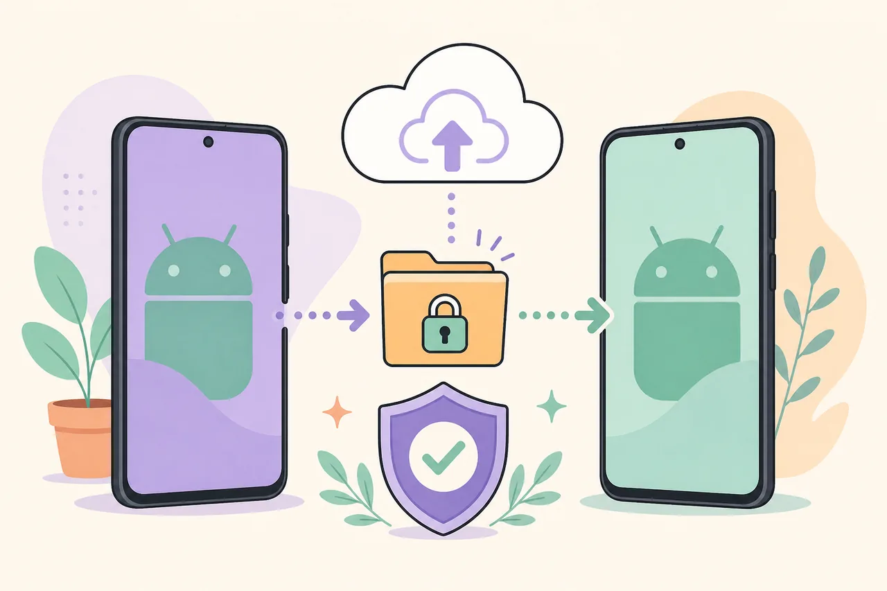 Editorial illustration of protected Android settings moving between phones