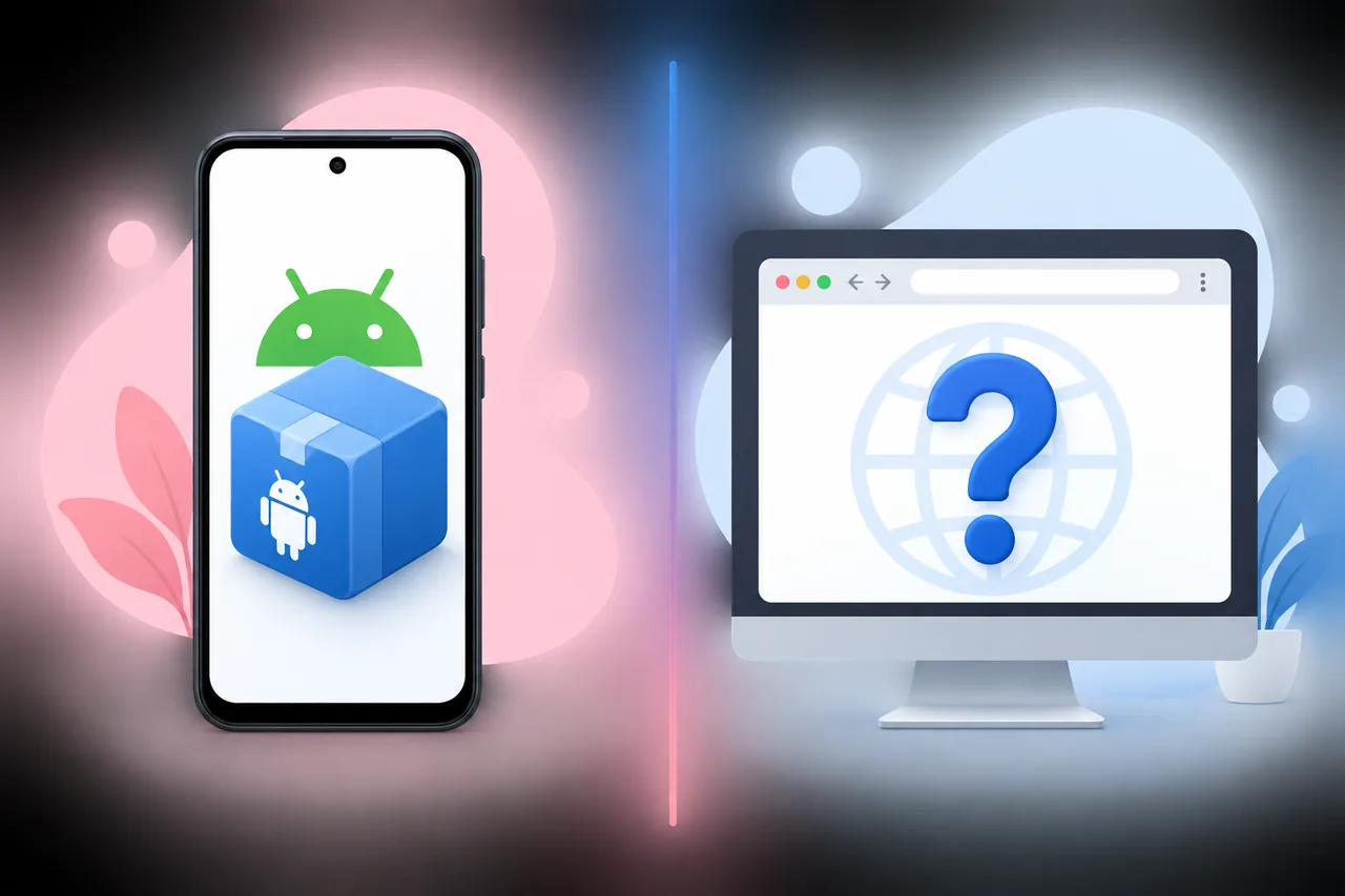 Editorial illustration comparing an Android APK package with an unverified browser version question