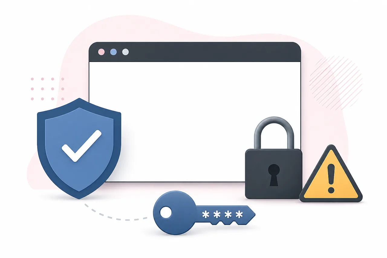 Editorial illustration of a browser source check with a shield, lock, warning sign, and password key